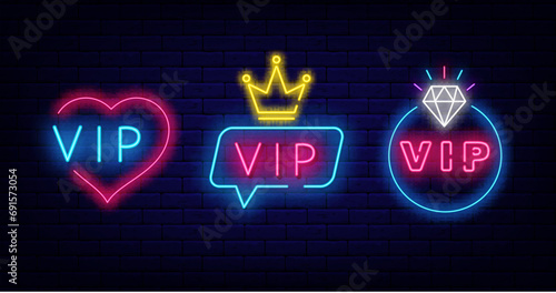 Vip neon labels collection. Speech bubbles frame. Crown icon. Heart shape border. Vector stock illustration