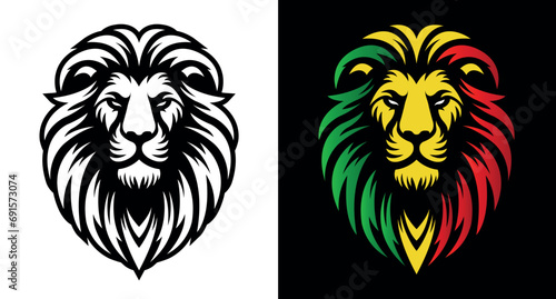 Lion of Judah face eps vector art image illustration. Rasta Jamaican lion head front view with rastafarian reggae colors on white and black background. photo