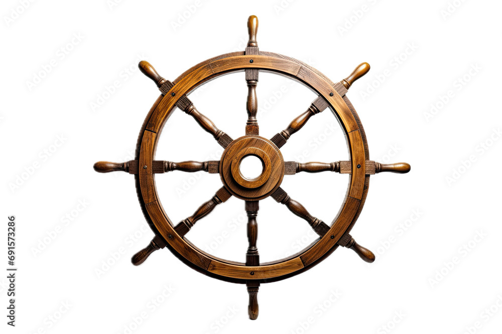 a Captain's wheel from a yacht/ship, wood, front view, in a PNG, Nautical-themed, isolated, and transparent photorealistic illustration. Generative ai