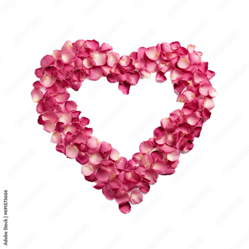 pink rose petals in the shape of a heart in a top view, isolated and transparent PNG in a Love-themed, photorealistic illustration. Generative ai