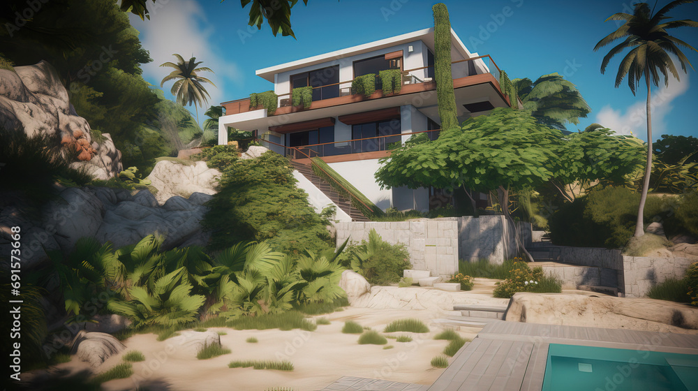 Fototapeta premium Modern House with Swimming pool on the mountain. Modern Secluded house with swimming pool. Bungalow with swimming pool on cliff. Generative AI.