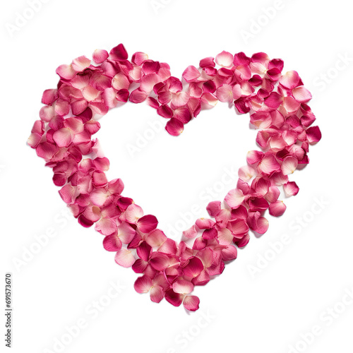 pink rose petals in the shape of a heart in a top view, isolated and transparent PNG in a Love-themed, photorealistic illustration. Generative ai