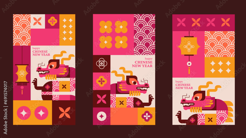 Set of 3 stories for 2024 Chinese New Year. Vector illustration. Asian Clouds, Lanterns, Dragon and Flowers, social media