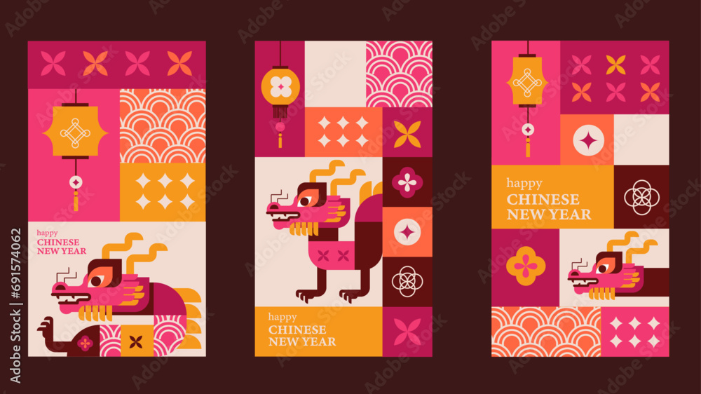 Set of 3 stories for 2024 Chinese New Year. Vector illustration. Asian Clouds, Lanterns, Dragon and Flowers, social media