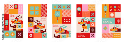 Set of 5 stories for 2024 Chinese New Year. Vector illustration. Asian Clouds  Lanterns  Dragon and Flowers  social media