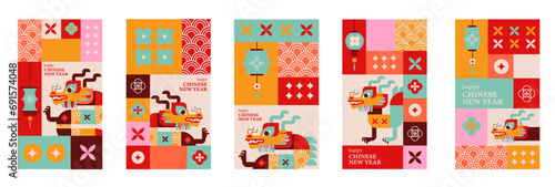 Set of 5 stories for 2024 Chinese New Year. Vector illustration. Asian Clouds, Lanterns, Dragon and Flowers, social media