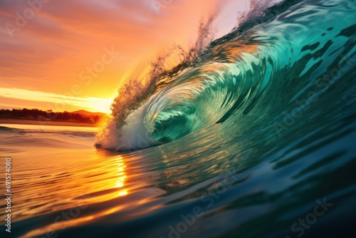 Green blue ocean splashing wave in front of orange sunset sky background 