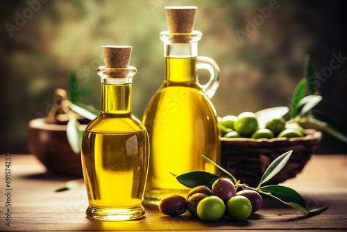 Olive oil in bottle with olives and leaves on table