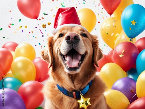 A funny dog smiling at the party with balloons, presents, and confetti isolated over white background. Colorful character animals for birthdays, festive events,...	