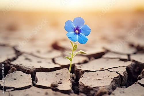 A blue flower is growing out from a dry soil, in the style of photo-realistic landscapes, cracked. AI generated image photo