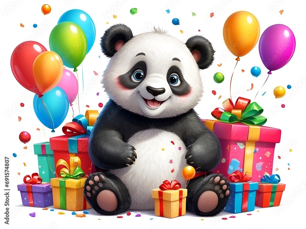 Fototapeta premium Baby panda or teddy bear with gift boxes, balloons and confetti. Colorful character animals for birthdays, festive events,..on white bakground