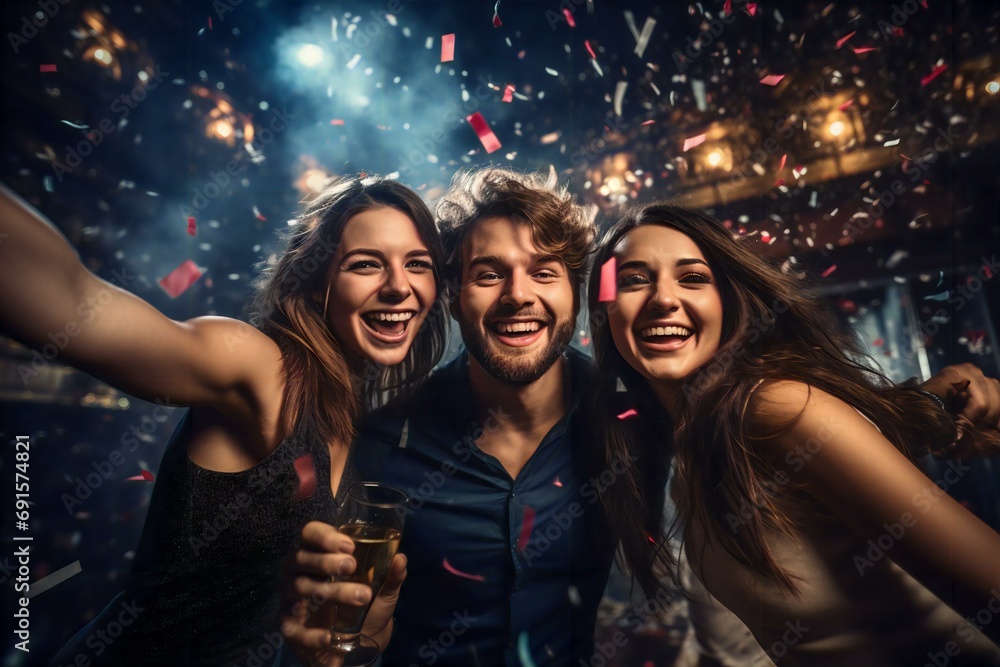 group of people celebrating Christmas and friends' party New Year with fireworks background