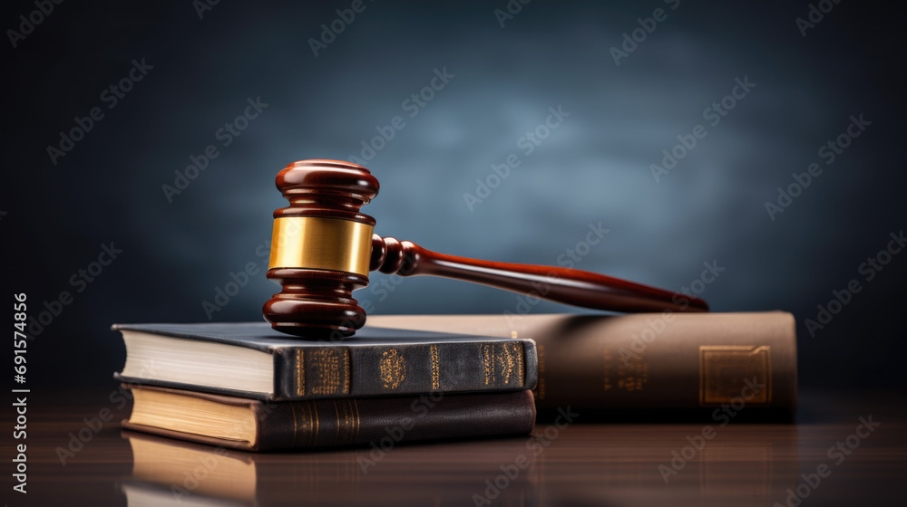 Wooden judge's gavel on a sounding block with two thick legal books in the background Wooden judge's gavel on a sounding block with two thick legal books in the background