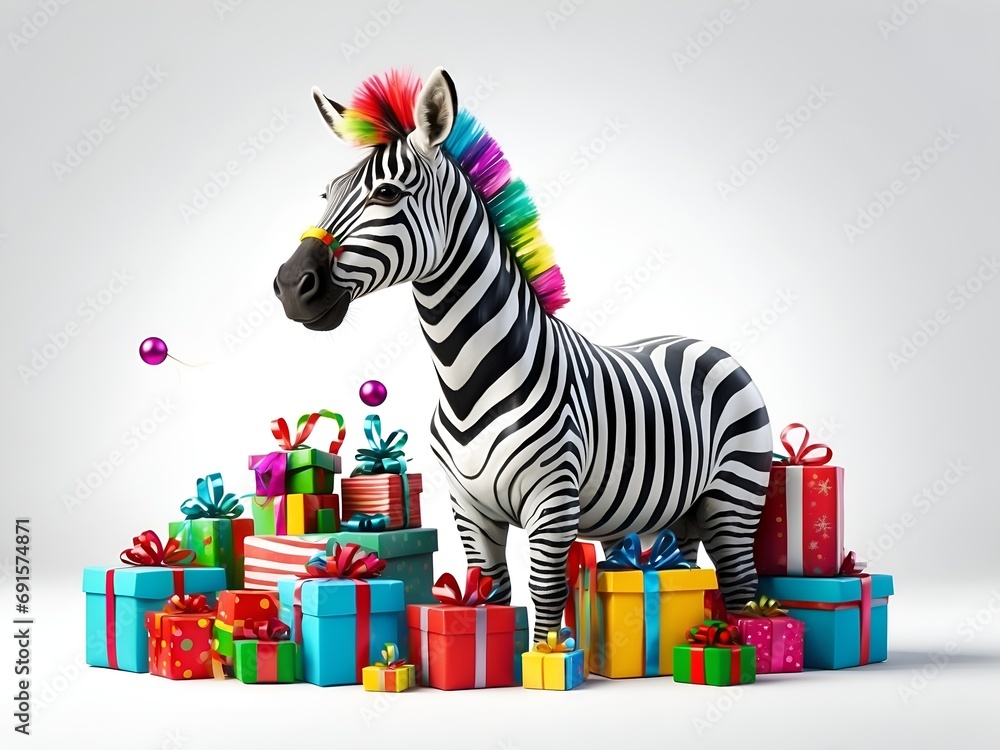 A cute zebra smiling at the party with balloons presents and balls isolated on white background	