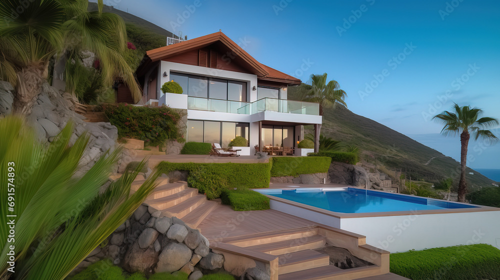 Sea Facing Modern Bungalow. Beach House. Modern House on Mountain with ocean view. Luxurious house on the beach mountain. Generative AI. 