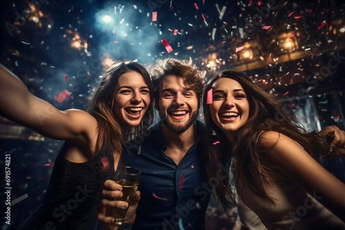 group of people celebrating Christmas and friends' party New Year with fireworks background