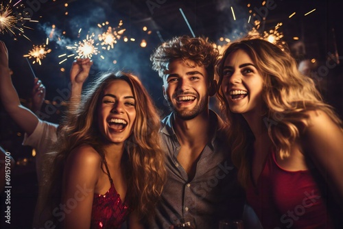 three happy friends celebrate a New Year party with fireworks