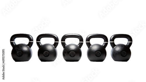 five black kettlebells in a row, side view, with size indicator stripe, isolated and transparent PNG in a Fitness-themed, photorealistic illustration. Generative ai