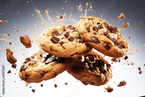 Flying Chocolate chip cookies isolated on white background photo