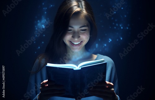 an Asian girl holds a book, unveiling a magical glow from within, accentuating the enchanting blue theme. Generative AI.