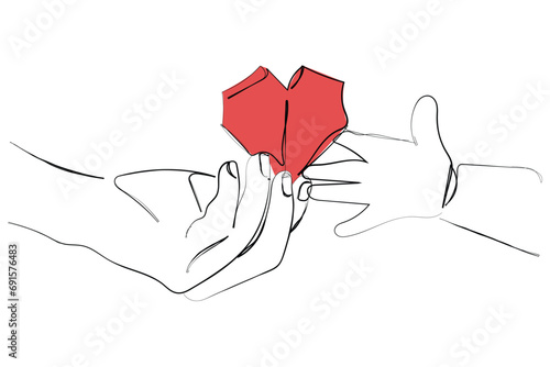  line art vector of Baby to takes red paper heart from mom's hands. Concept of love, care, adoption