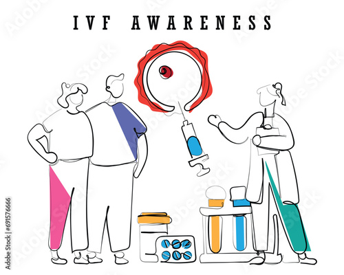 line art vector of Happy young married couple discussing IVF with a doctor. Pregnancy, family and parenthood concept. IVF and infertility treatment.