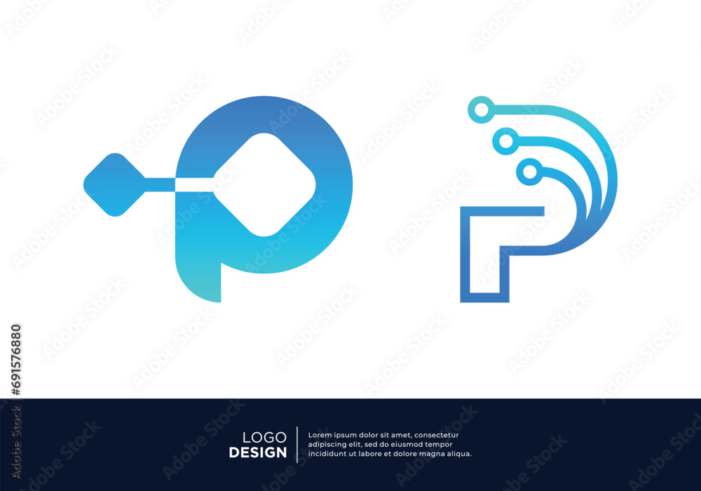 Set of Letter P digital data connection logo design. - obrazy, fototapety, plakaty 