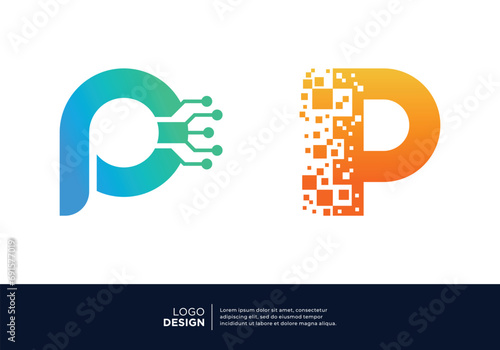 Digital connection letter P logo design collection.