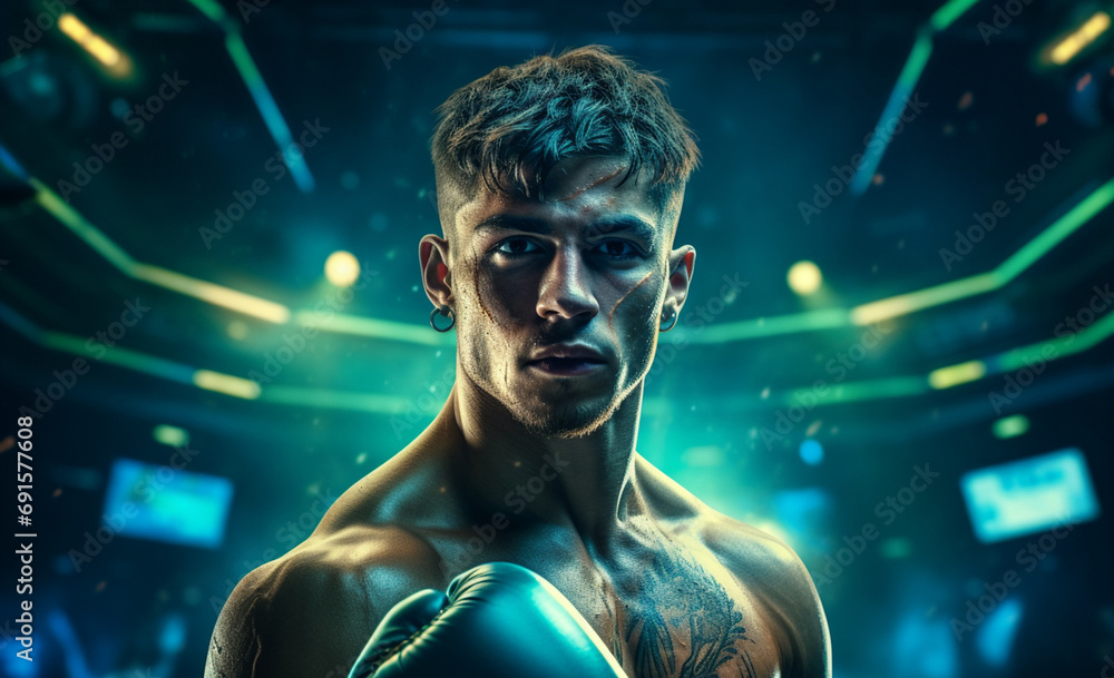 a muscular and angered man, adorned with boxing gloves, confronts challenges head-on. The dramatic lighting effect behind him. Generative AI.