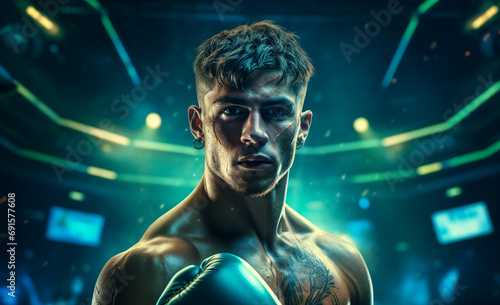 a muscular and angered man, adorned with boxing gloves, confronts challenges head-on. The dramatic lighting effect behind him. Generative AI. © Surachetsh