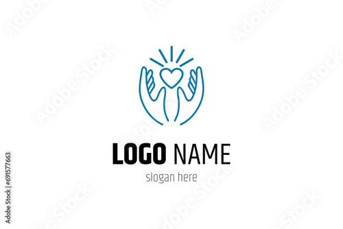 Love hand care logo design with line art design style with light effect