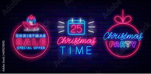 Christmas time neon signboards set. Holiday sale. Xmas tree ball frame. Santa sledge. Calendar icon. Vector illustration