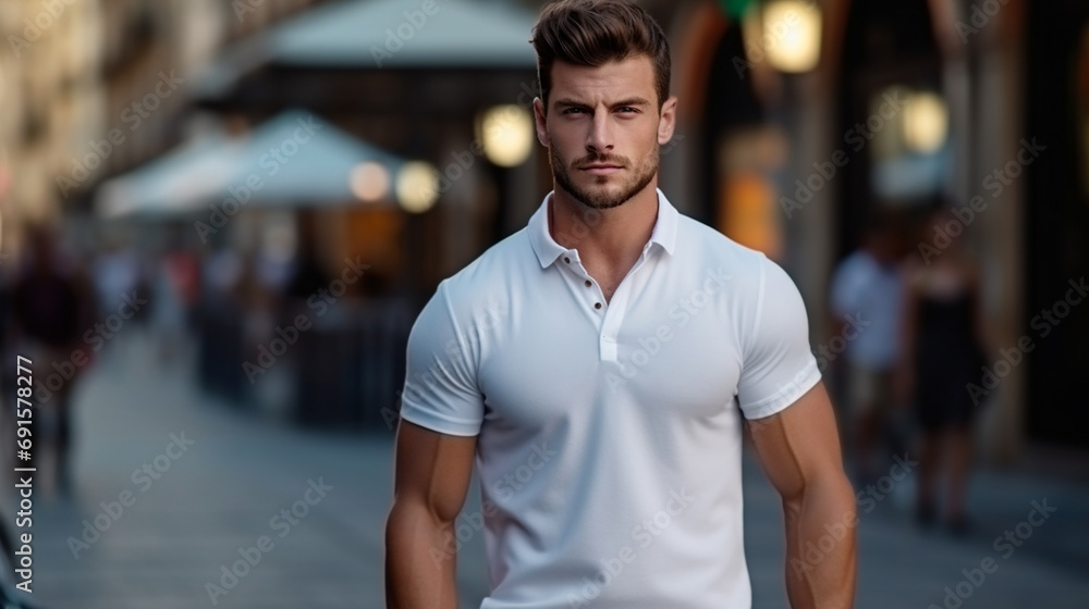 A man in a white polo shirt on the street A man in a white polo shirt on the street