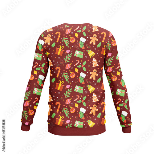 Here are the back of Funny ugly Christmas sweater design with colorful Christmas textures