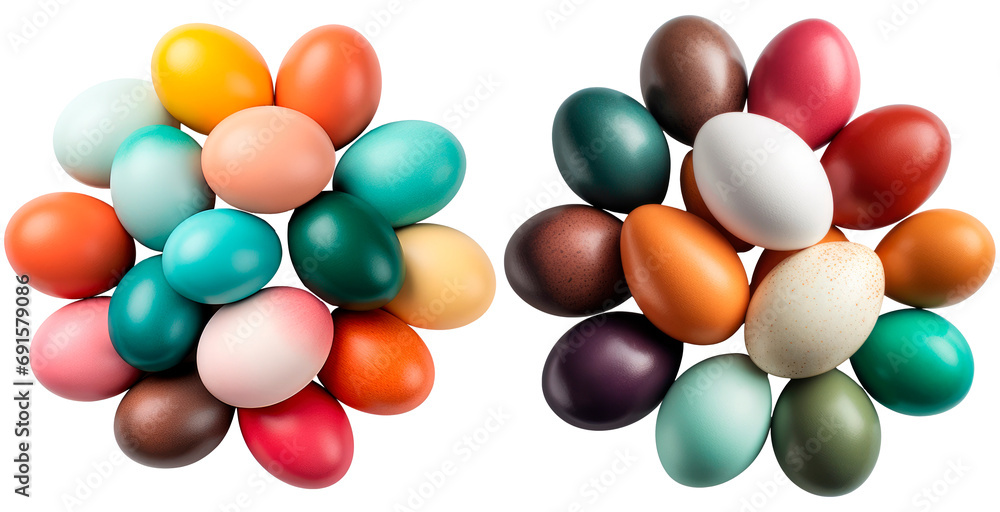 Set of bunch of colorful small eggs, isolated on transparent background