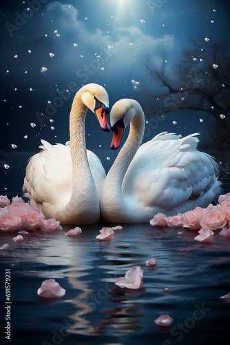 a couple of heart-shaped swans on Valentines in a lake