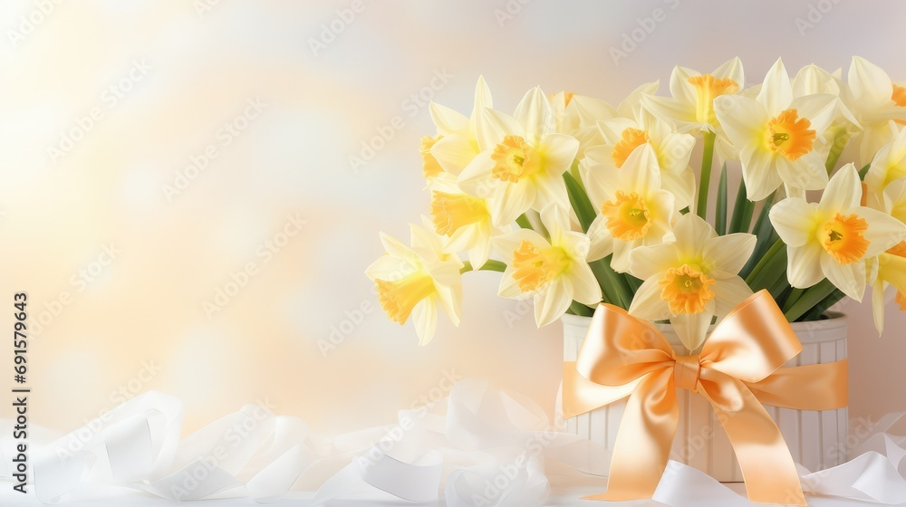 bouquet of fresh yellow narcissus, daffodil flowers tied with a ribbon on a light background. Greeting card, banner with space for text for Mother's Day, Valentine's Day or Women's Day