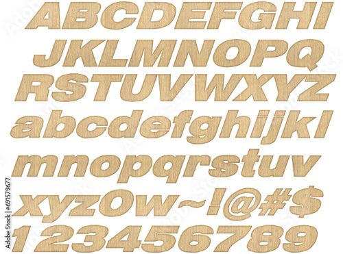 Alphabet with 3D embossed wood grain texture  continuously repeating patterns  including lowercase letters  uppercase letters  numbers used for lettering designs with wood  nature  and carpentry theme
