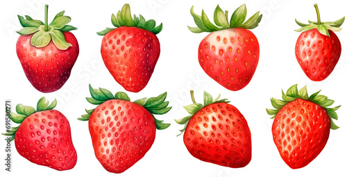 Set of strawberries watercolor, isolated on transparent background