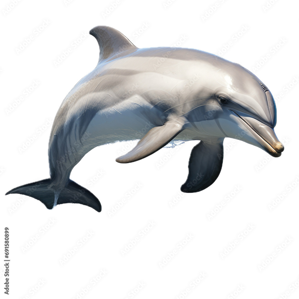 Fototapeta premium a bottlenose dolphin jumping, full body in a 3/4 view in a PNG, aquatic-themed, isolated, and transparent photorealistic illustration. Generative ai