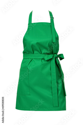 A green women's apron with a pocket and a tied belt in the form of a bow, isolated on a white background. Layout for the design.