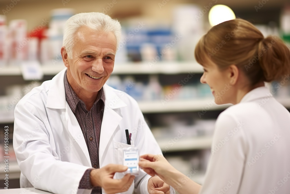 Obraz premium Warm scenes of pharmacists assisting elderly clients in a drug store, providing care and expert advice with compassion