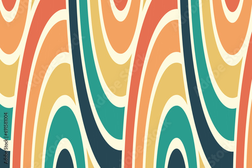 Abstract background of rainbow groovy Wavy Line design in 1970s Hippie Retro style. Vector pattern ready to use for cloth, textile, wrap and other.