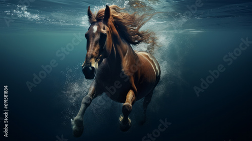 Horse jump into a water. Underwater photography. Animal dive into the Depths. Beauty of wild nature. Hunting. © Vladimir