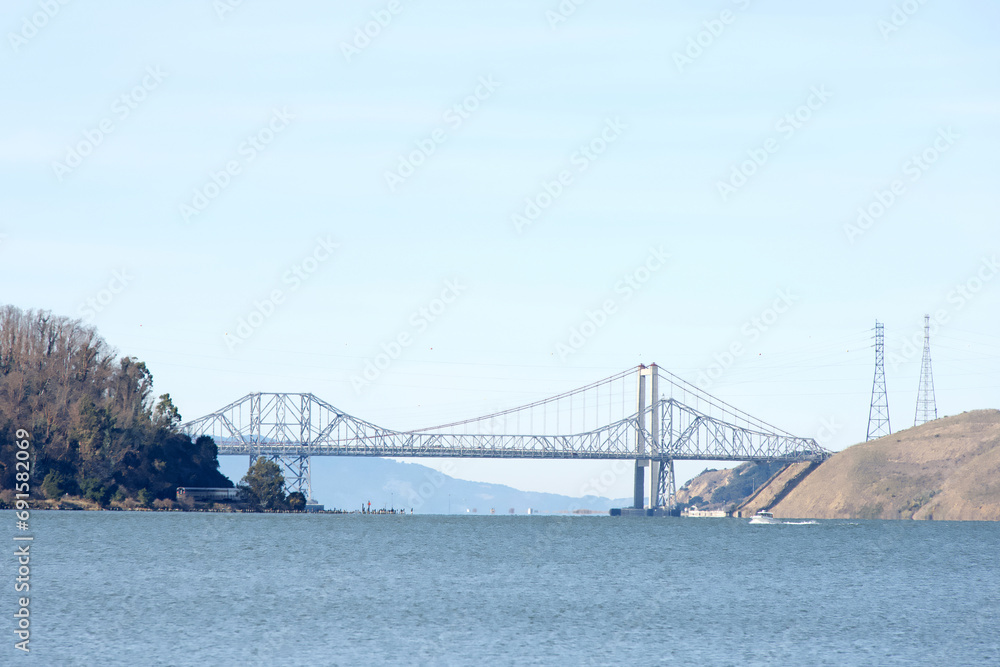 Fototapeta premium Carquinez straight with the Carquinez bridge connecting Vallejo to Crocket with the 80 freeway. View from Benicia.