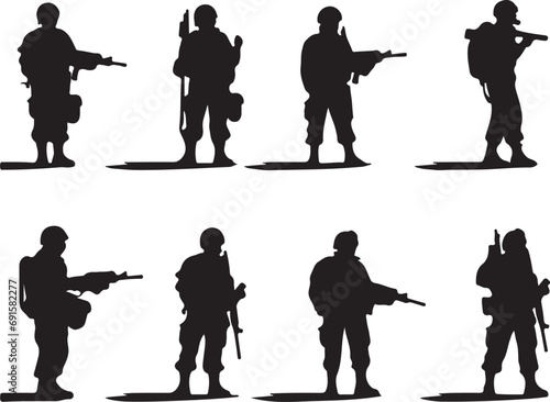 Silhouettes of soldiers with guns and backpacks