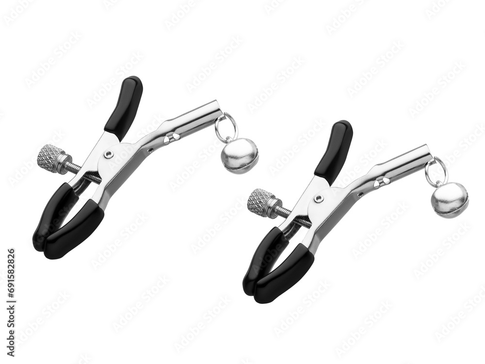 Obraz premium Nipple clamps made of metal with red bells. BDSM Sex games. Isolated on white background.