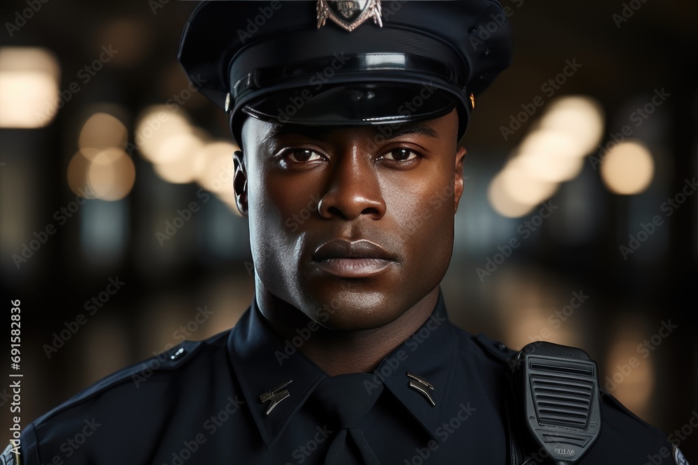 A portrait of proud and confident African American male police officer in uniform A portrait of proud and confident African American male police officer in uniform