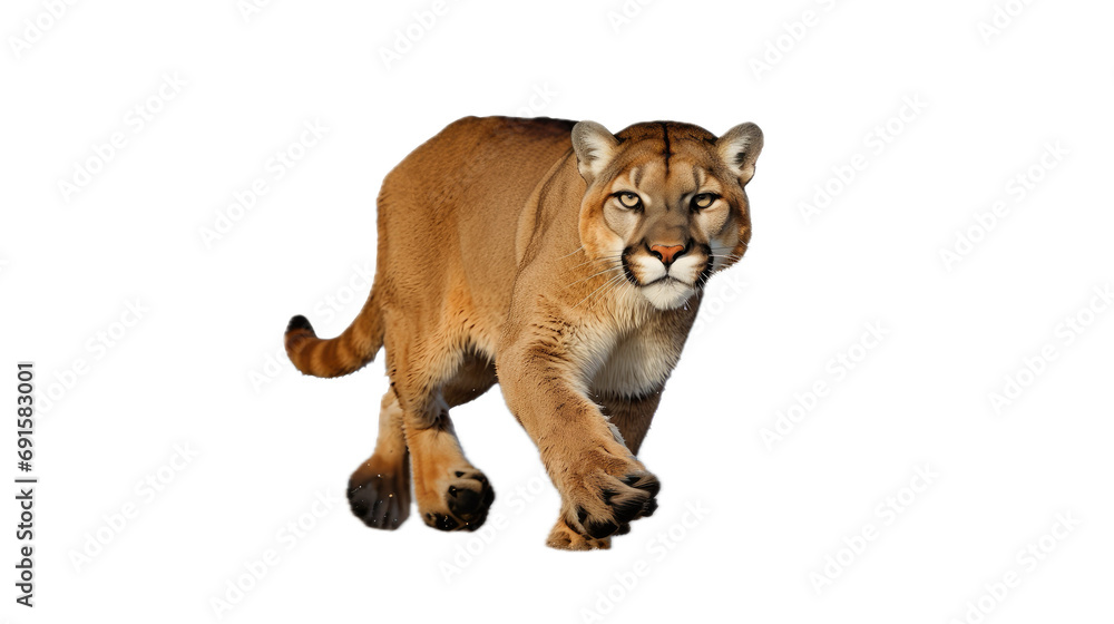 Obraz premium a Mountain Lion/Puma in motion in a 3/4 view, PNG, in a Wildlife-themed, isolated, and transparent photorealistic illustration. Generative ai