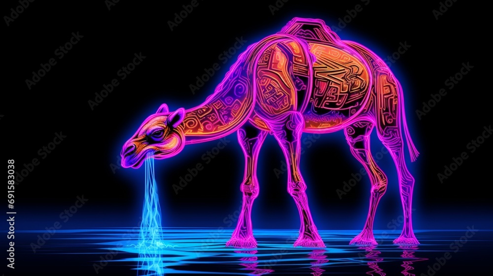 Camel animal drinking water Neon light AI Generated pictures Camel animal drinking water Neon light AI Generated pictures